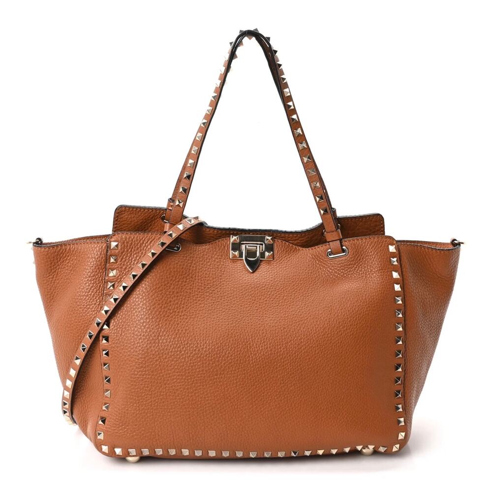 VALENTINO GARAVANI Rockstud Leather Shopper Tote Bag Medium Brown Gold Studded